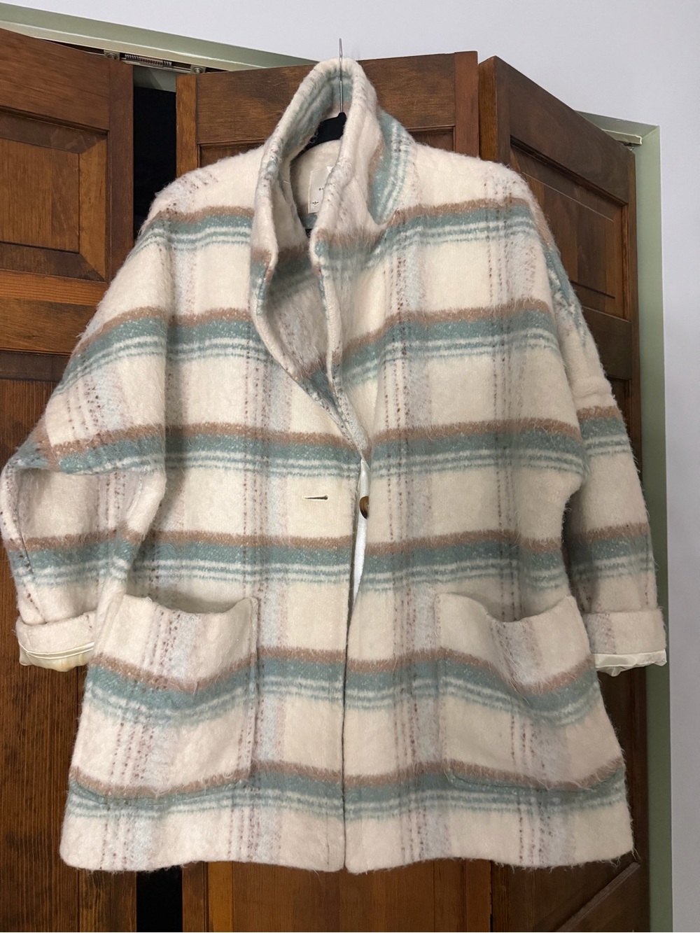 Anthropologie Cream Plaid Teddy Jacket with Blue and Tan Stripes